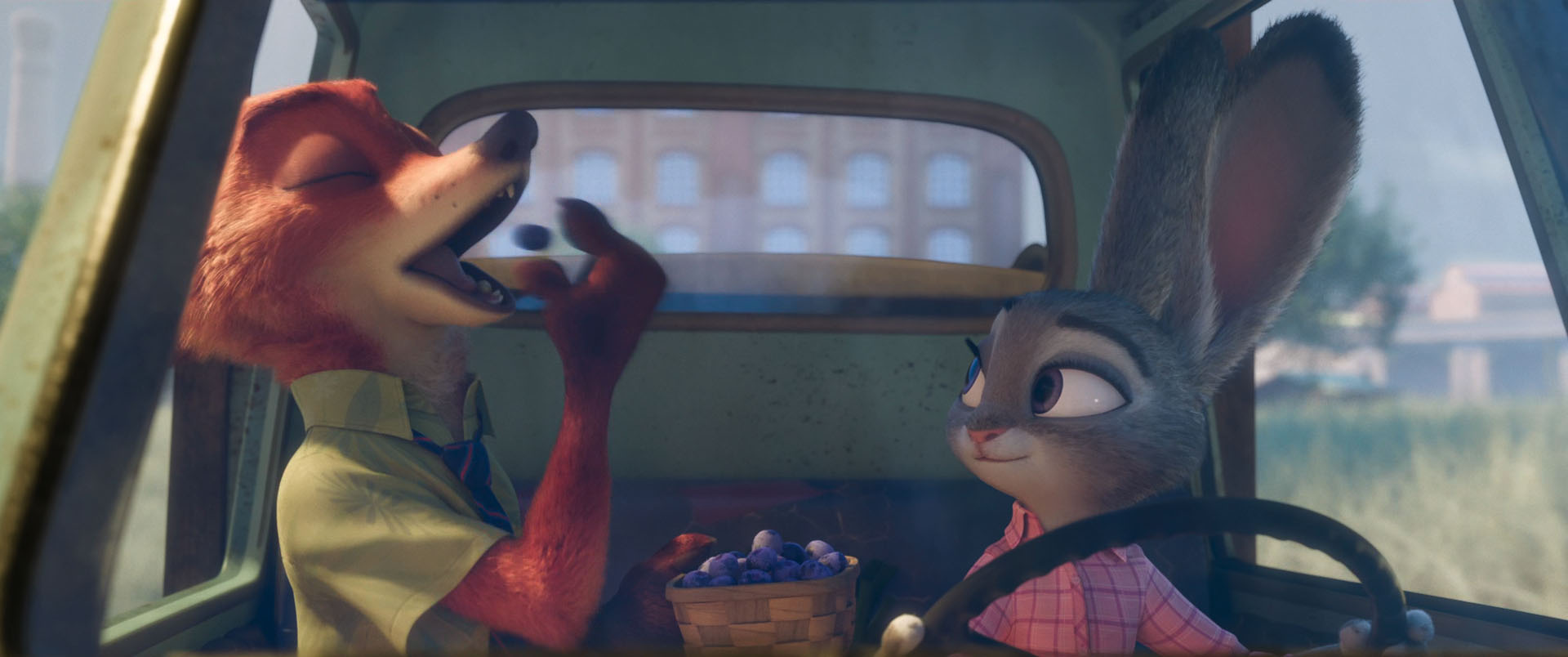 Nick Wilde tossing back another blueberry into his perfect mouth. Judy is watching instead of paying attention to the road which is understandable but please do be careful Judy, you have precious cargo.