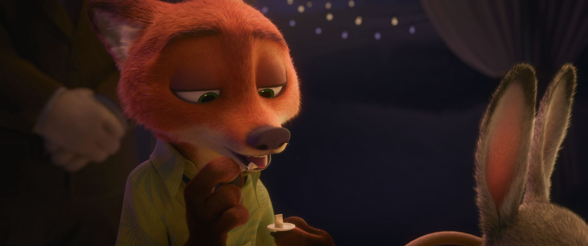 Nick Wilde eating a tiny cake. He's being polite and eating it with a tiny fork but honestly he could just swallow the whole thing, plate included. Just maintain eye contact with a nearby rodent and swallow.